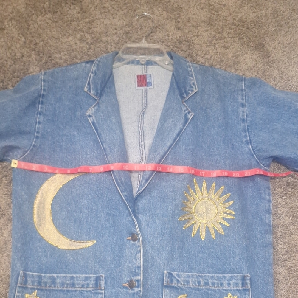Vintage Sunbelt Denim Jean Jacket -Painted Gold Celestial Design -L- Blue / Gold - Picture 7 of 11